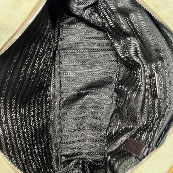 Prada Cinghiale Trimmed Beige Canapa Bowler Bag Camel Leather Handles - Picture 4 of 7